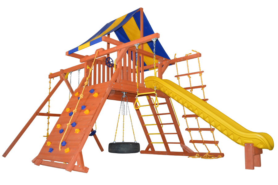 Turbo Original Playcenter Combo 2 (18A): Wooden playset with slide, swings, climbing wall, and rope ladder; blue, yellow, and orange.
