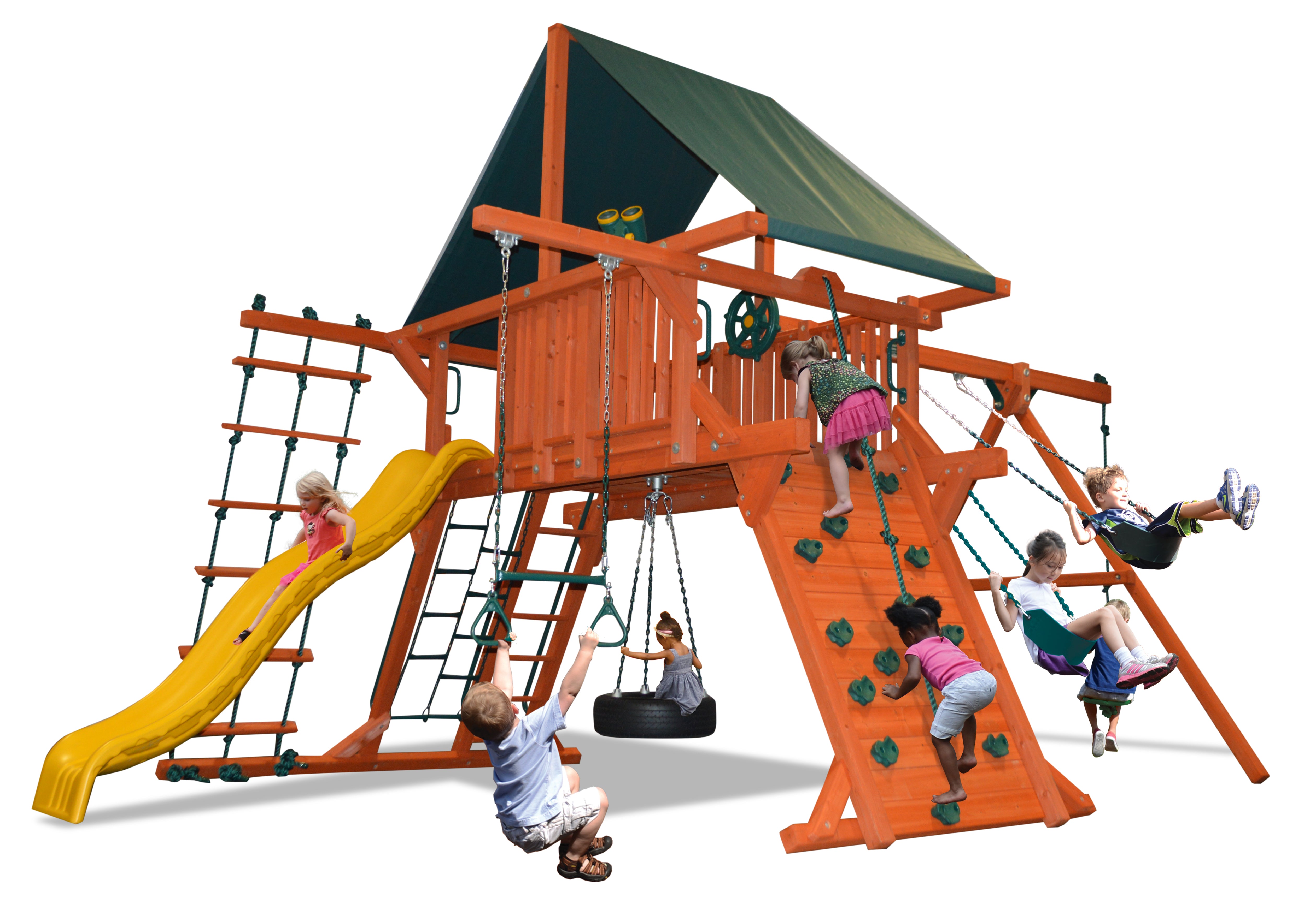 Deluxe Playcenter Combo 2 XL (23D) wooden playset: swings, slide, climbing wall, rope ladder, & tire swing.