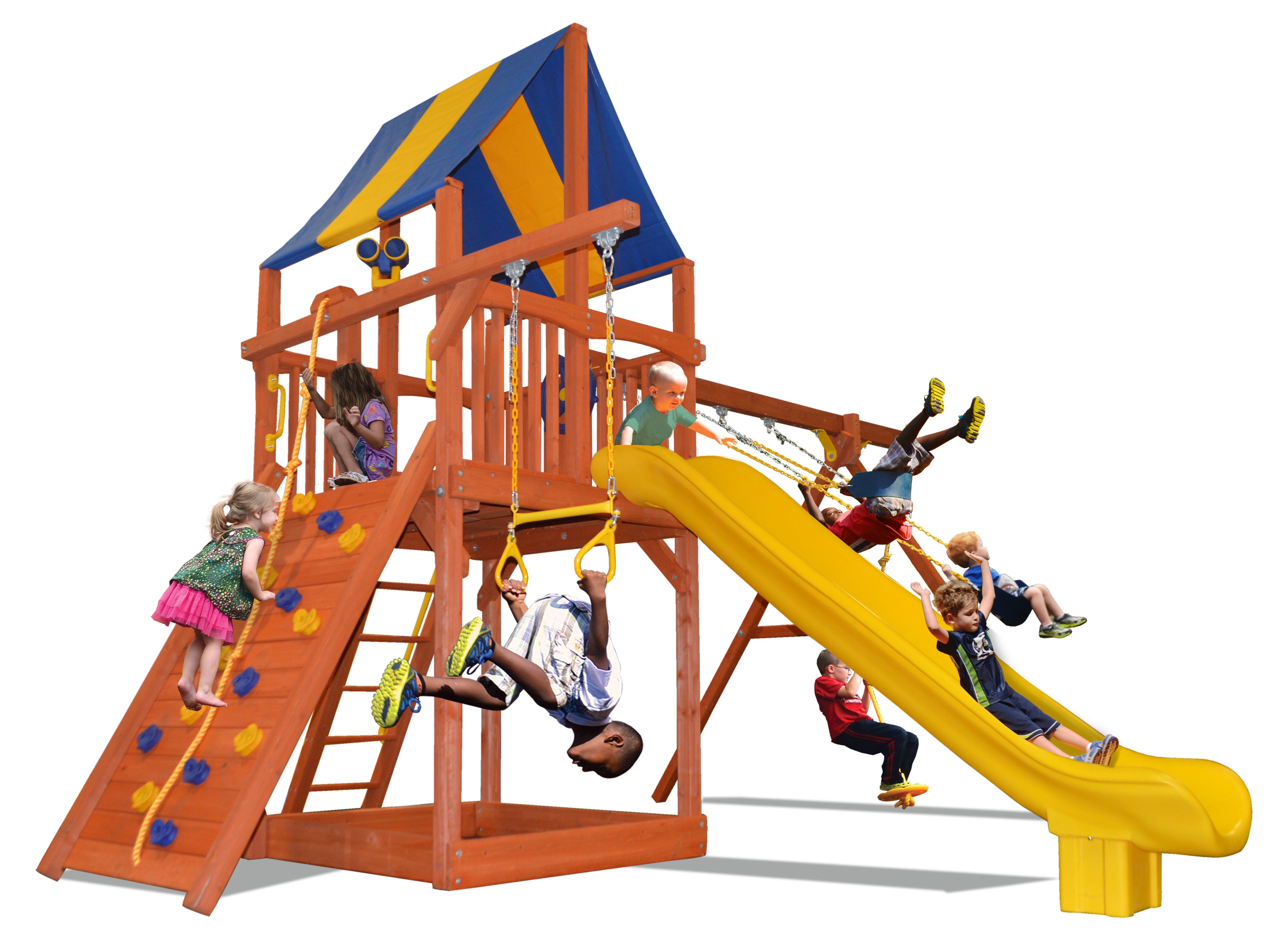Turbo Deluxe Fort Combo 2 (24A): Wooden playset with slide, swings, rock wall, & monkey bars.
