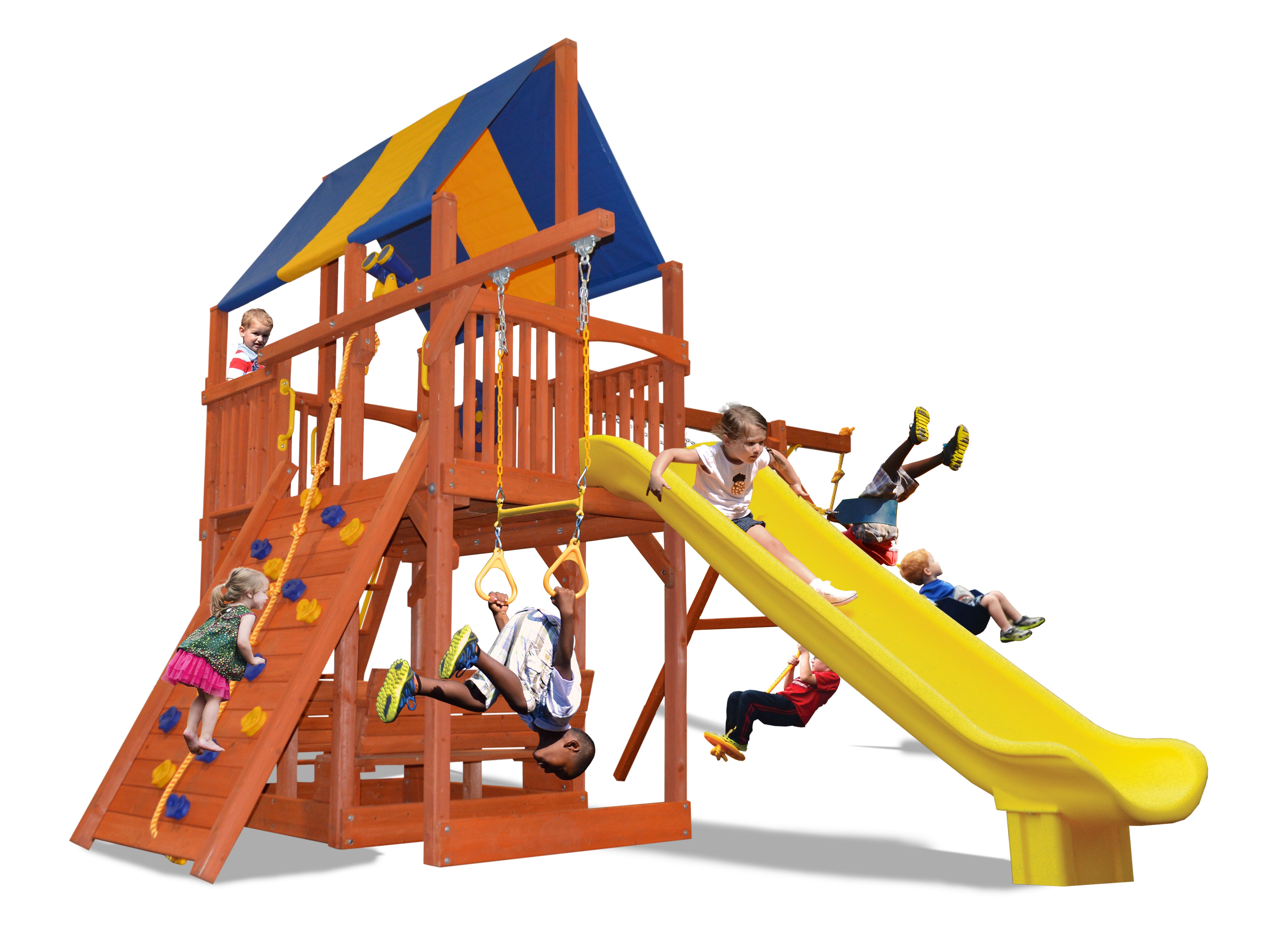 Turbo Deluxe Fort XL (25B) wooden playset: yellow slide, climbing wall, swing set, & canopy.