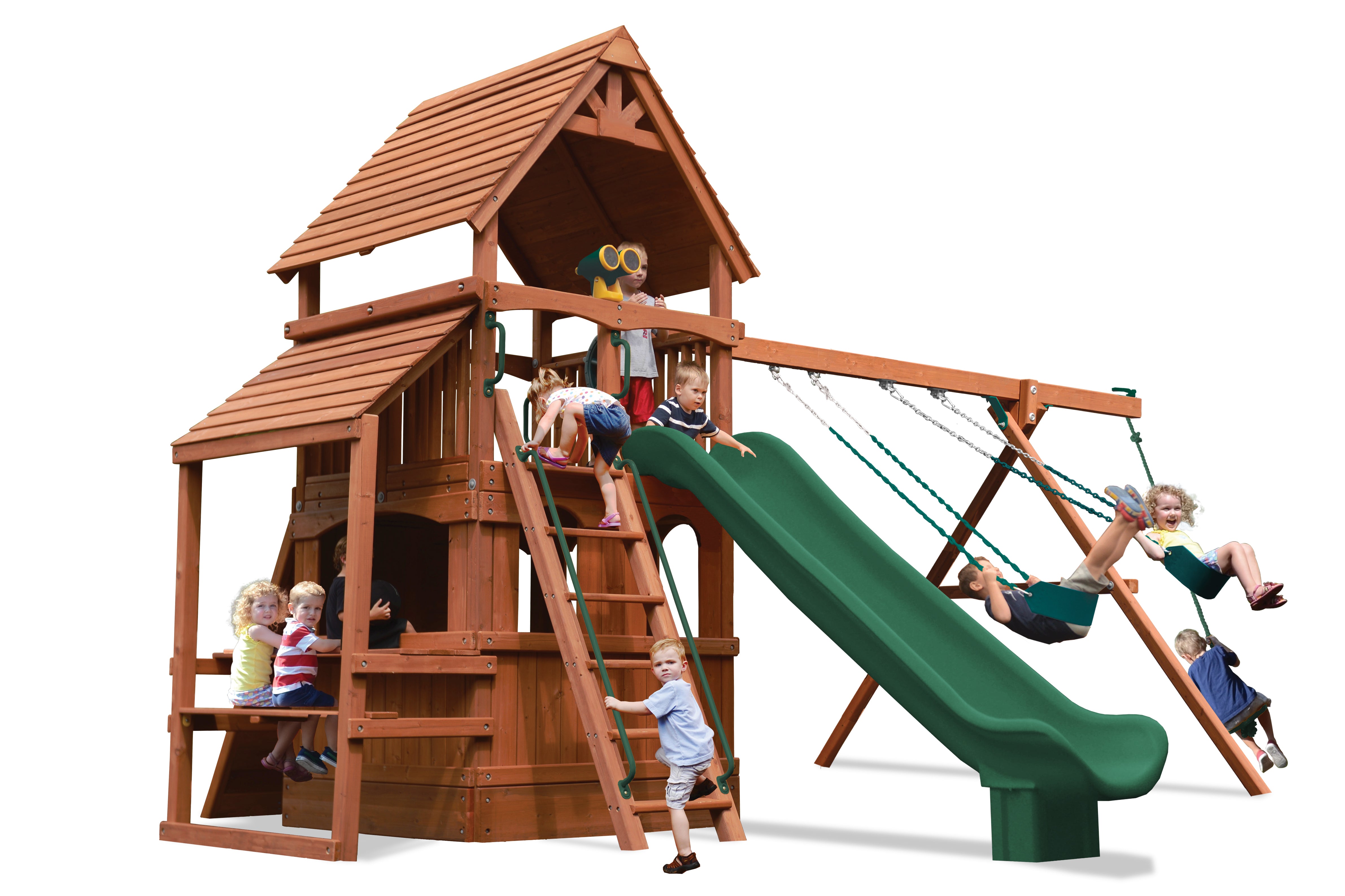 Turbo Deluxe Fort Hangout (25D) playset: Wooden playset with slide, swings, and climbing ladder, perfect for backyard fun.