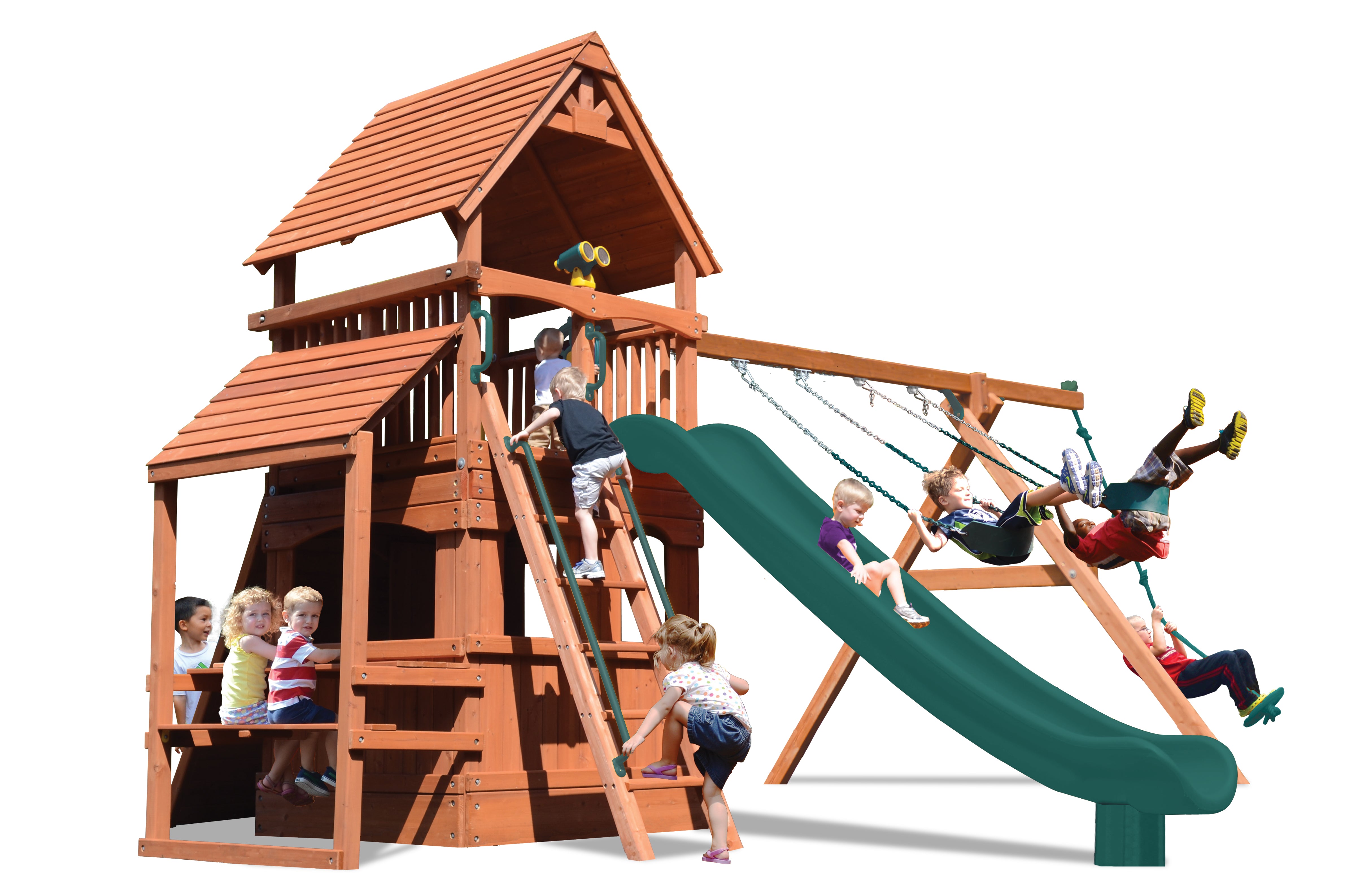 Supreme Fort Hangout (29D) playset: Wooden play structure with slide, swings, and climbing ladder for kids.
