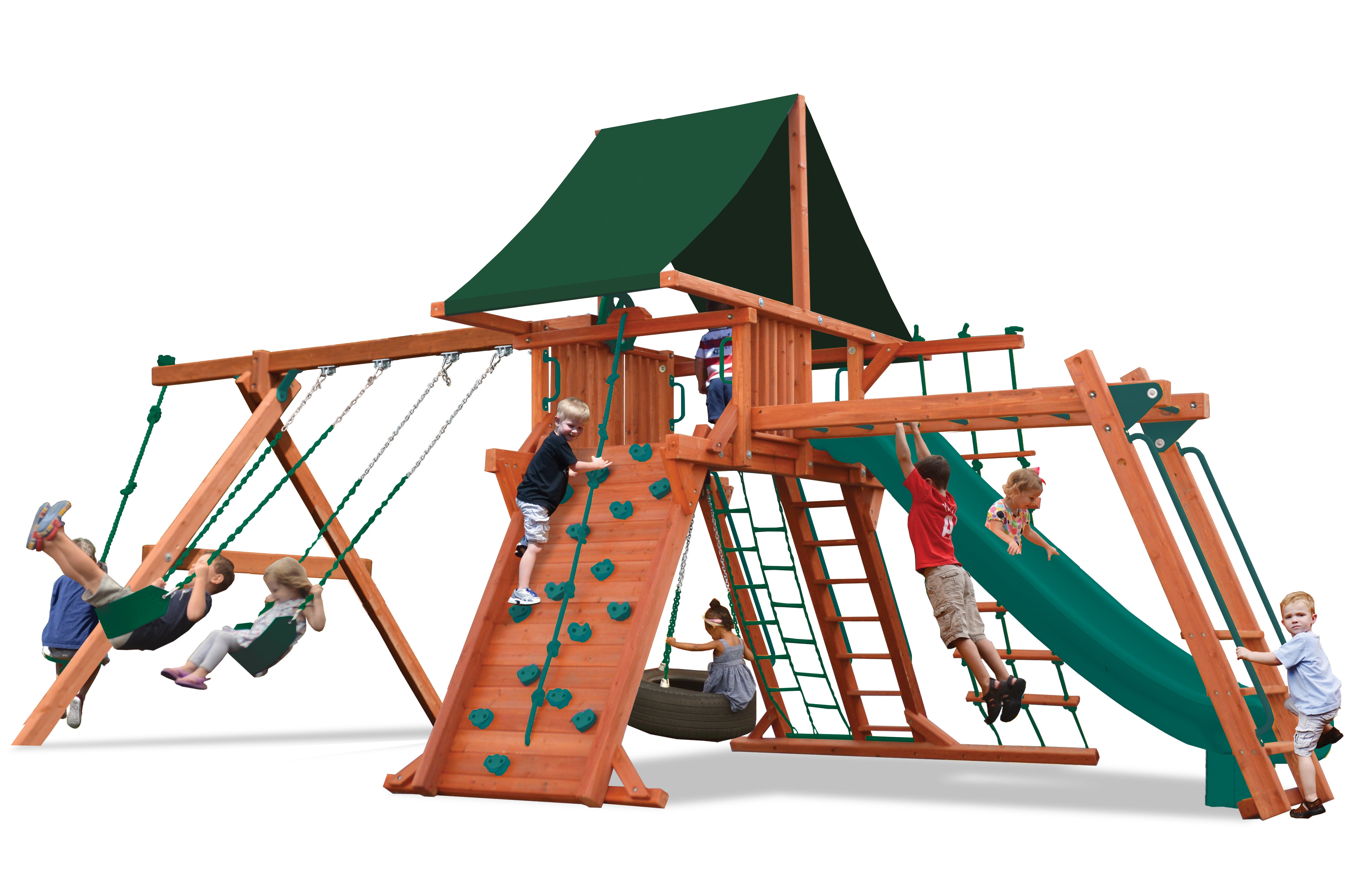 Supreme Playcenter Combo 3 (31D): Wooden playset with swings, slide, rock wall, and tire swing; green accents.