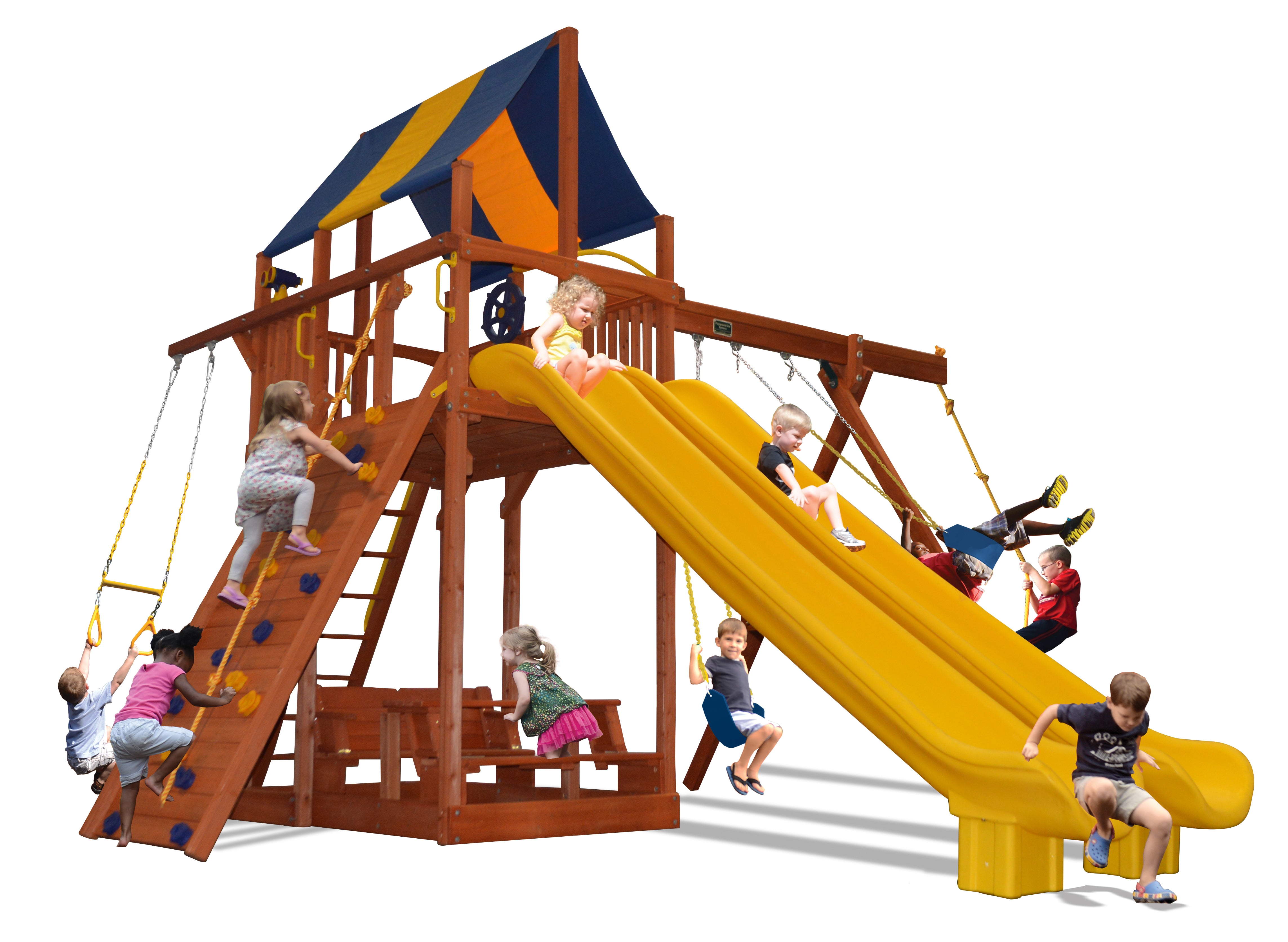 Extreme Fort Double Trouble (33B) playset:  Wooden structure with two slides, swings, climbing wall, and picnic table; perfect for backyard fun.