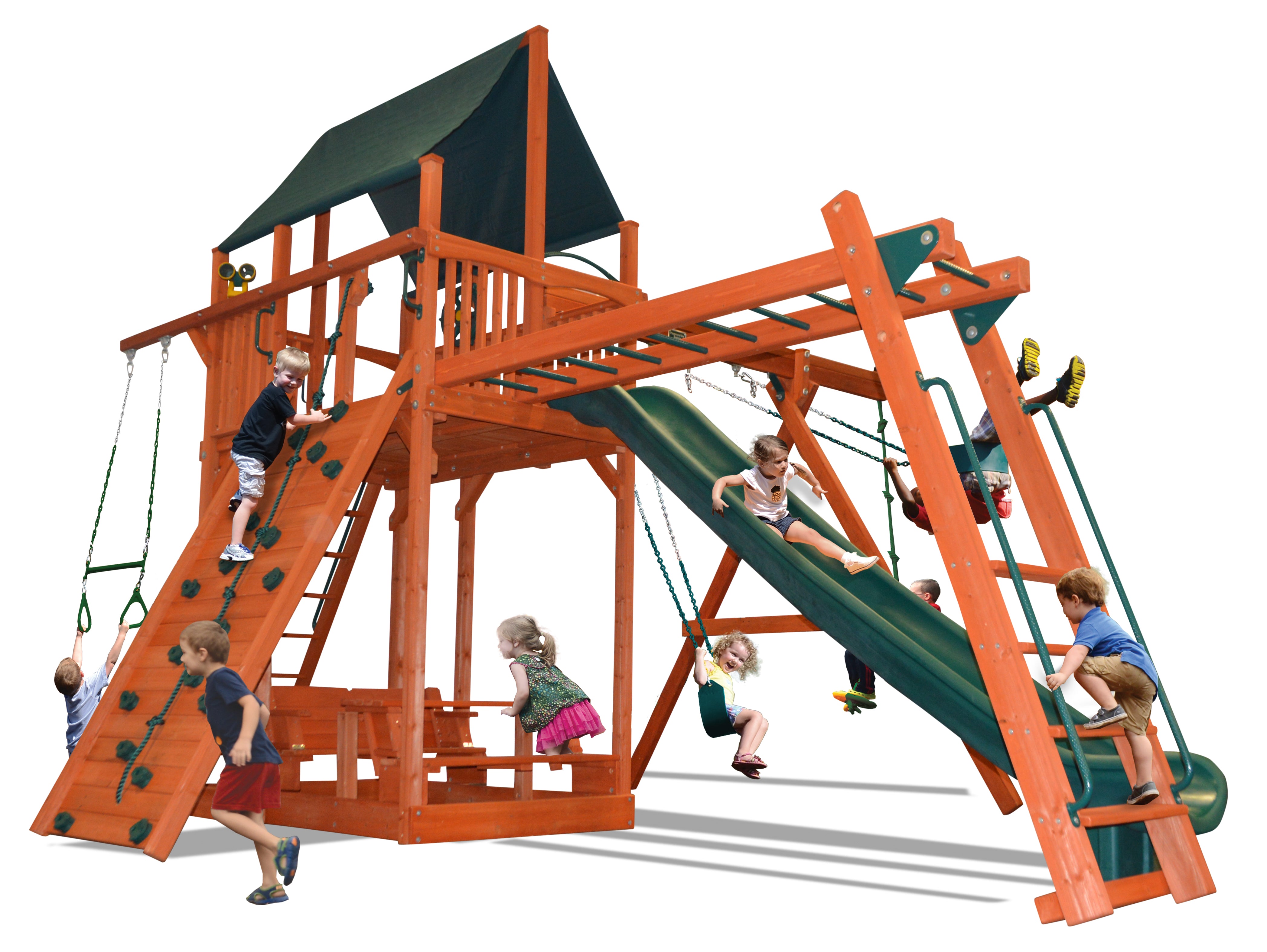 Extreme Fort Combo 3 (33D) wooden playset:  Slide, swings, climbing wall, monkey bars, and canopy.