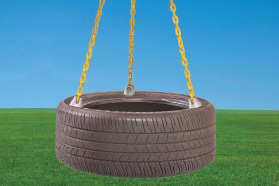 3-Chain Tire Swing: Durable tire swing with three yellow chains, perfect for outdoor fun.