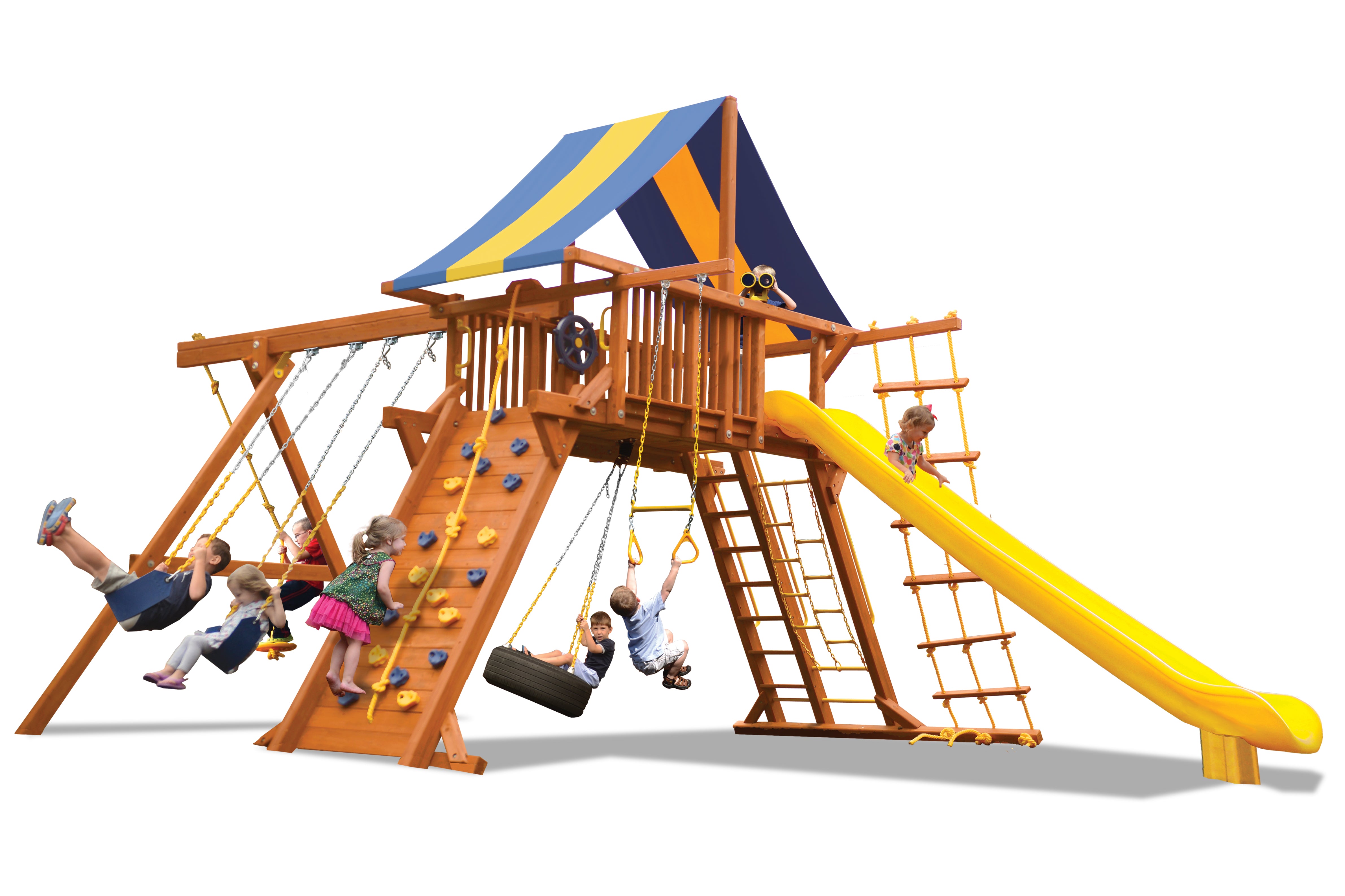 Extreme Playcenter Combo 2 (34A-35A): Wooden playset with swings, slide, climbing wall, and rope ladder – perfect for backyard fun!