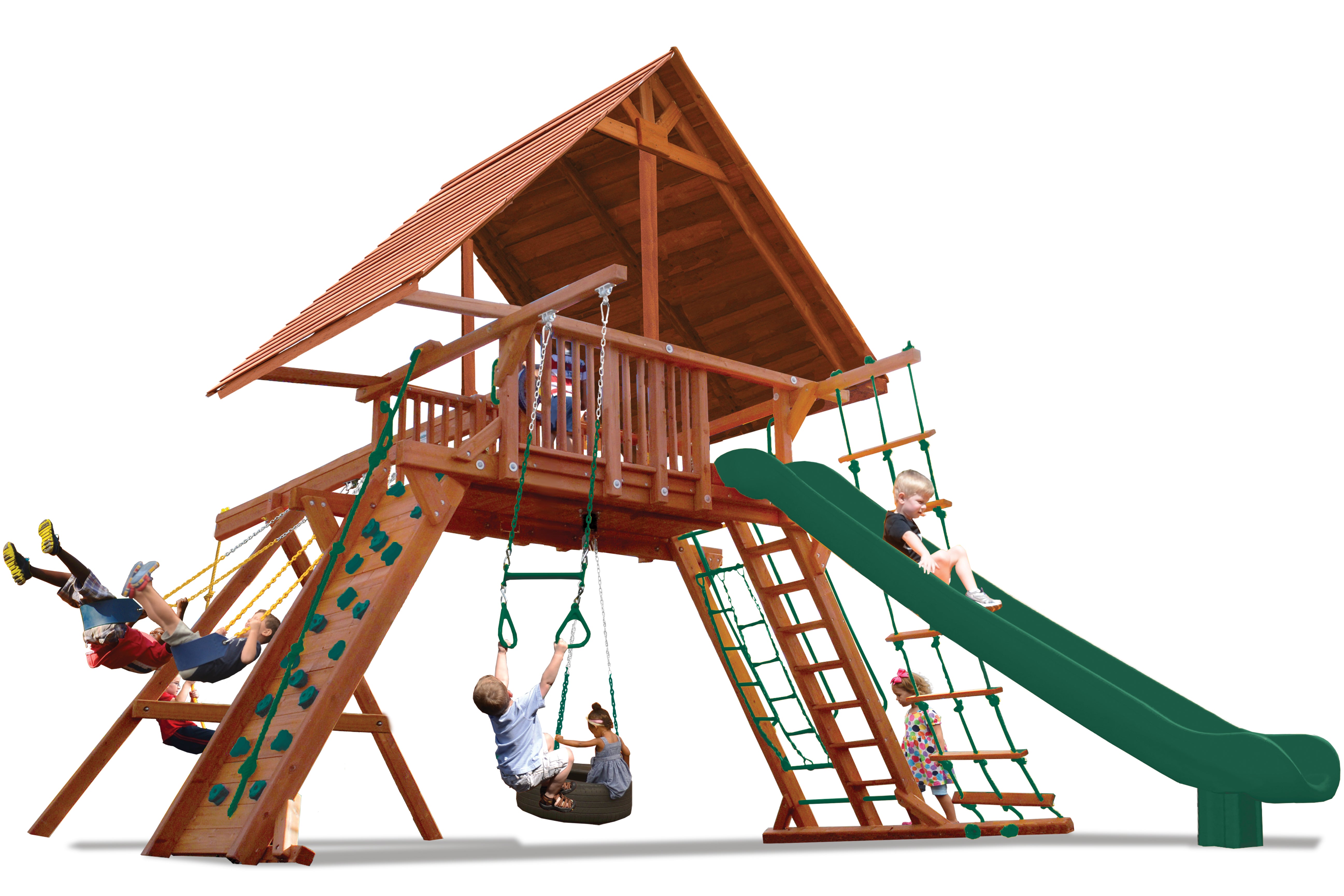 Extreme Playcenter Combo 2 with Wood Roof (35B): Wooden playset with slide, swings, climbing wall, and rope ladder for kids.
