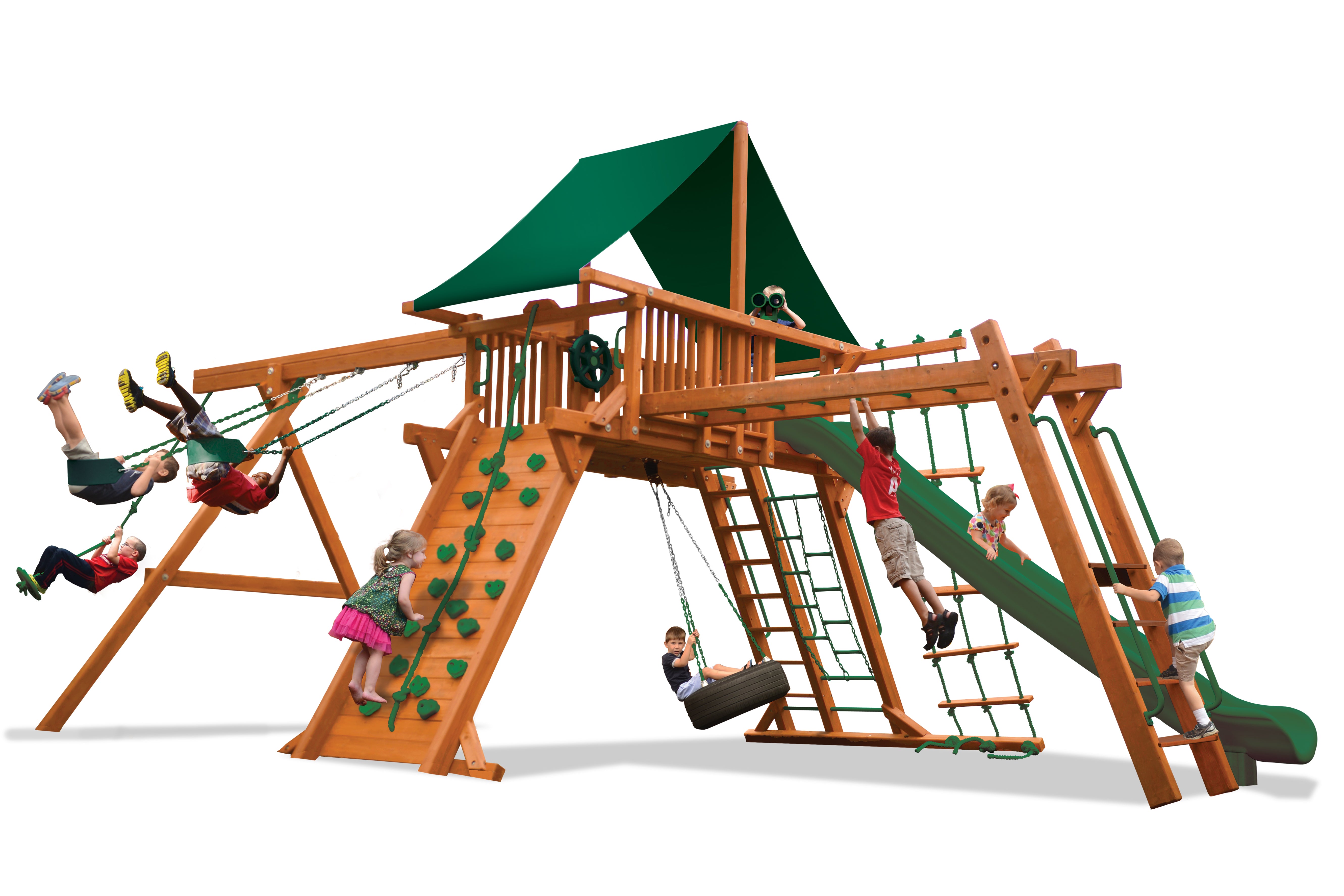 Extreme Playcenter Combo 3 (35C): Wooden playset with swings, slide, rock wall, and climbing features for backyard fun.