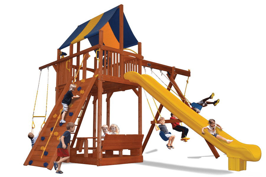 Extreme Fort Combo 2 playset with picnic table & slide; kids playing.