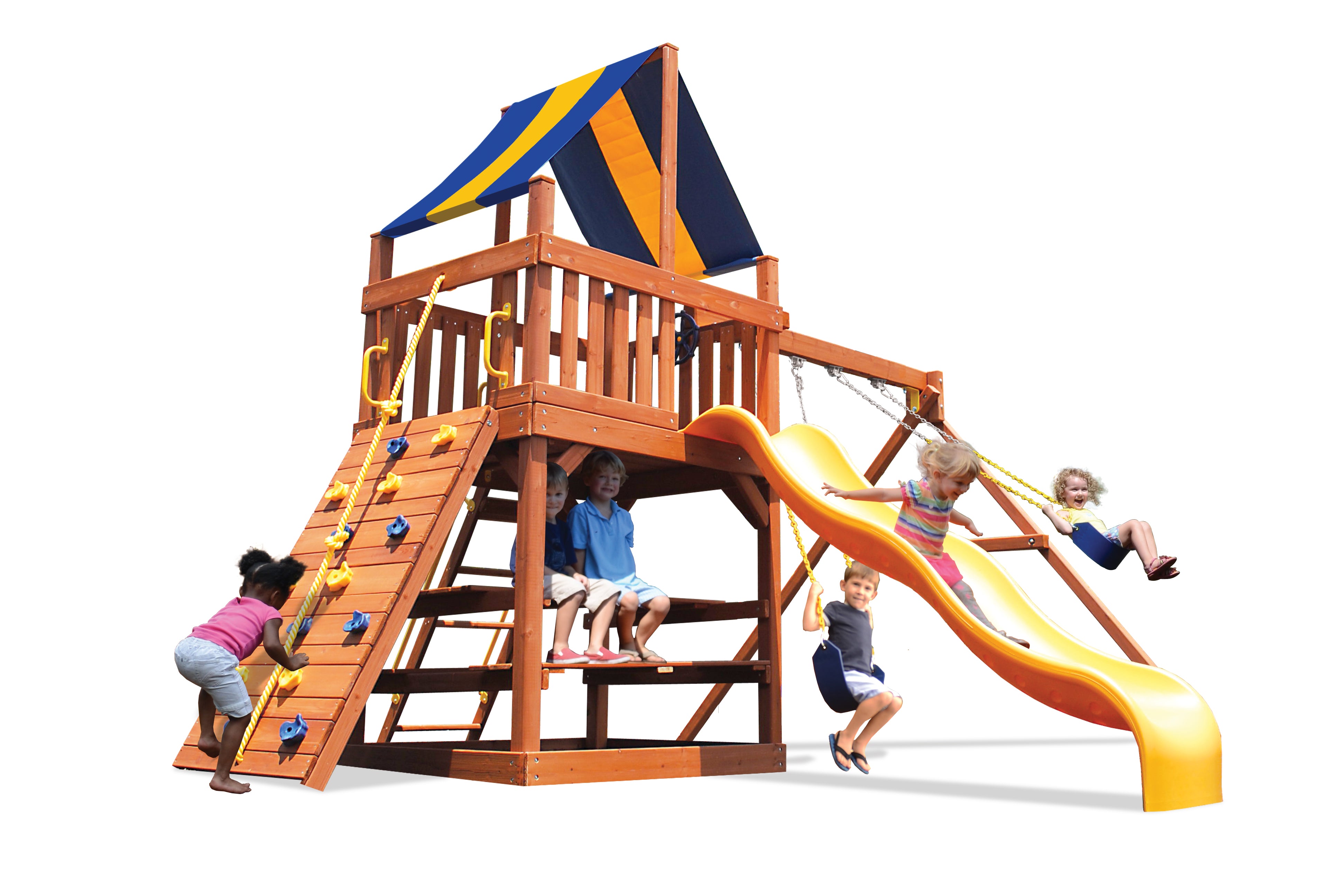 Original Fort 41A wooden playset with 2-position swing beam, yellow slide, climbing wall, and canopy.