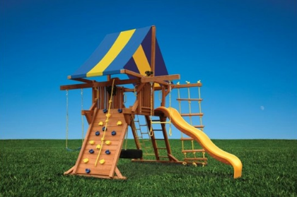 Deluxe Playcenter 41F Double Swing Set with climbing wall, slide, and canopy