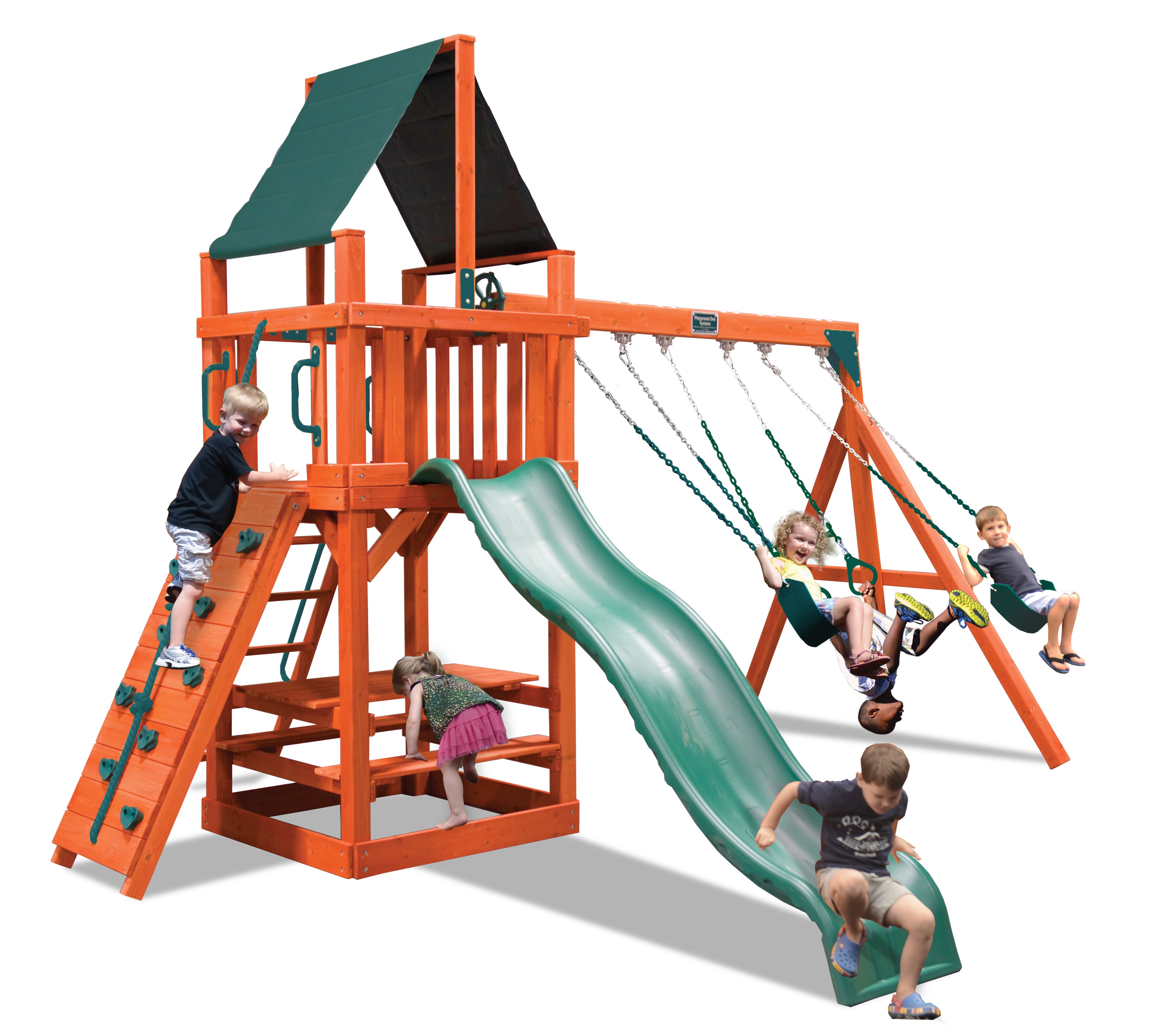 Classic Fort (11A) wooden playset:  Orange cedar wood, green slide & canopy, rock wall, swings, picnic table.