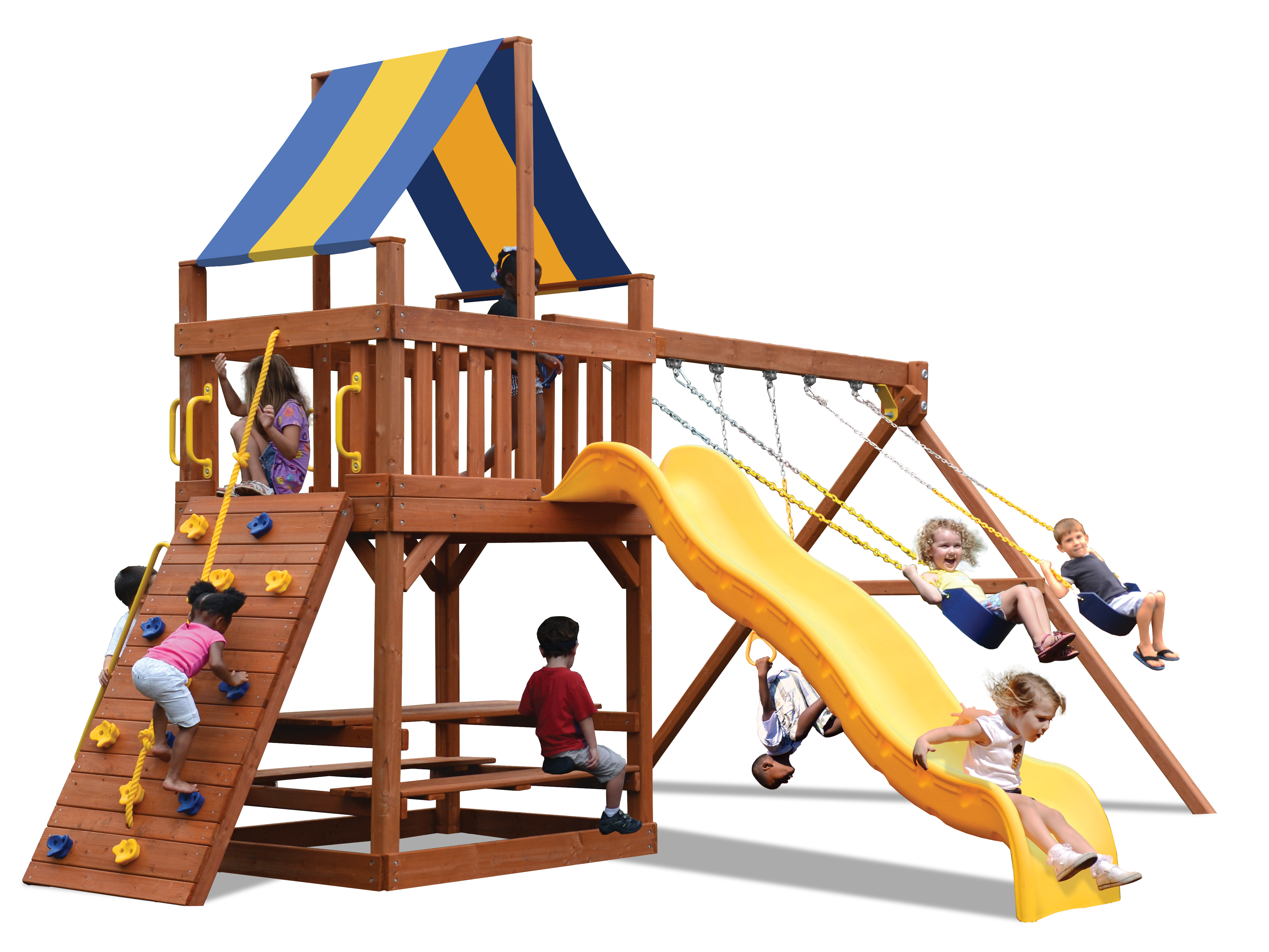 Original Fort Combo 2 playground with accessory arm, yellow slide, swings, and climbing wall.