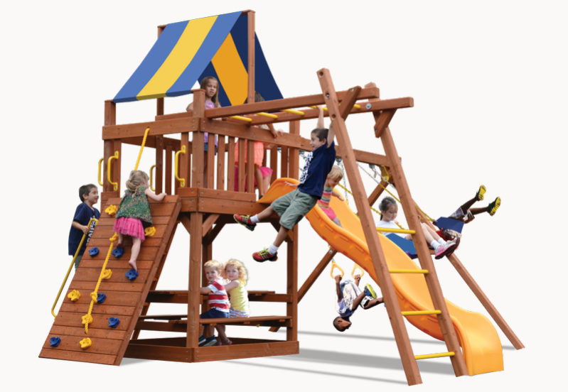 Original Fort Combo 3 (13E) playset:  Wooden structure with slide, swings, climbing wall, and canopy. Perfect for backyard fun!