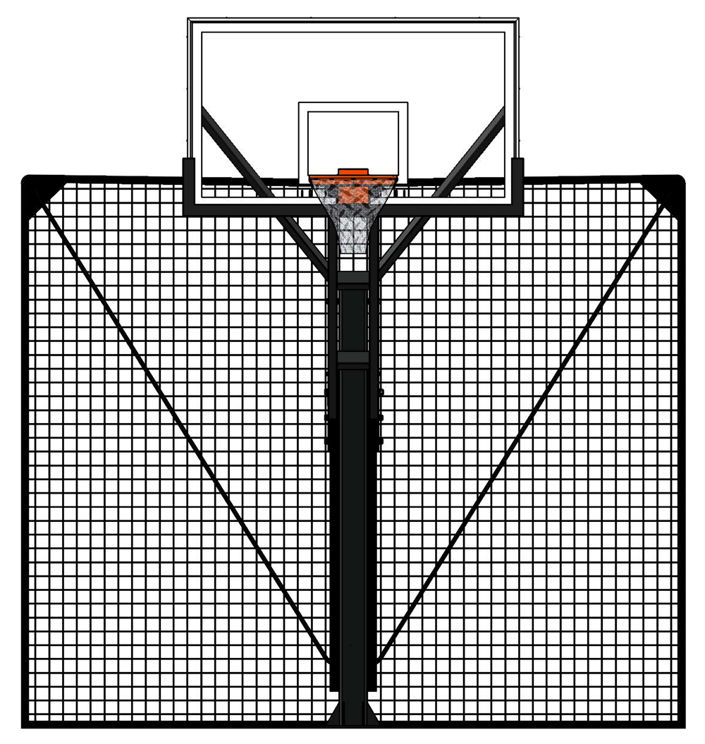 Pro Guard Ball Containment System: Basketball hoop with integrated net system for preventing ball escapes.