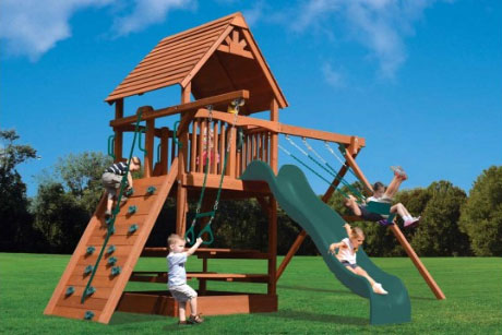 Deluxe Fort w/2 Position Beam (41C) playset:  Wooden play structure with climbing wall, slide, and swings for kids.