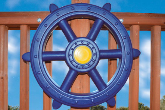 19" Deluxe Ship's Wheel: Blue plastic playset accessory with yellow center, for nautical-themed playgrounds.