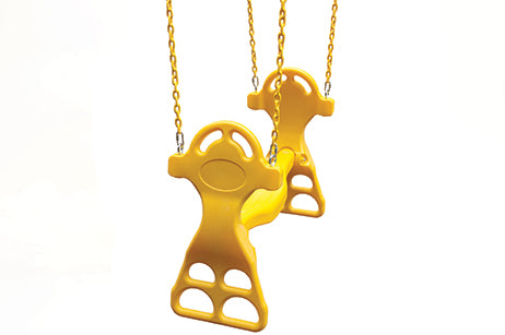 Yellow plastic glider swing with metal chains, shown against a white background.