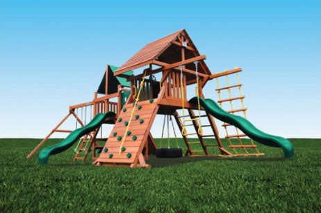 Original Double Zinger (37A) wooden playset: 2 slides, rock wall, swings, ladder, tire swing.