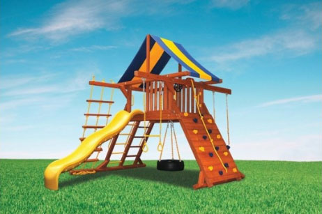 Original Playcenter 41D Double Swing Set: Wooden playset with slide, climbing wall, rope ladder, and swings.