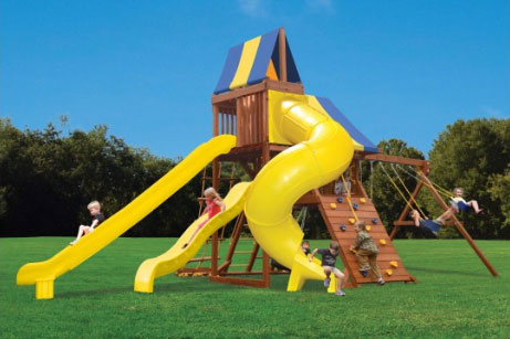 Turbo Deluxe Triple Shot (37C) playset with two slides, climbing wall, and swings.