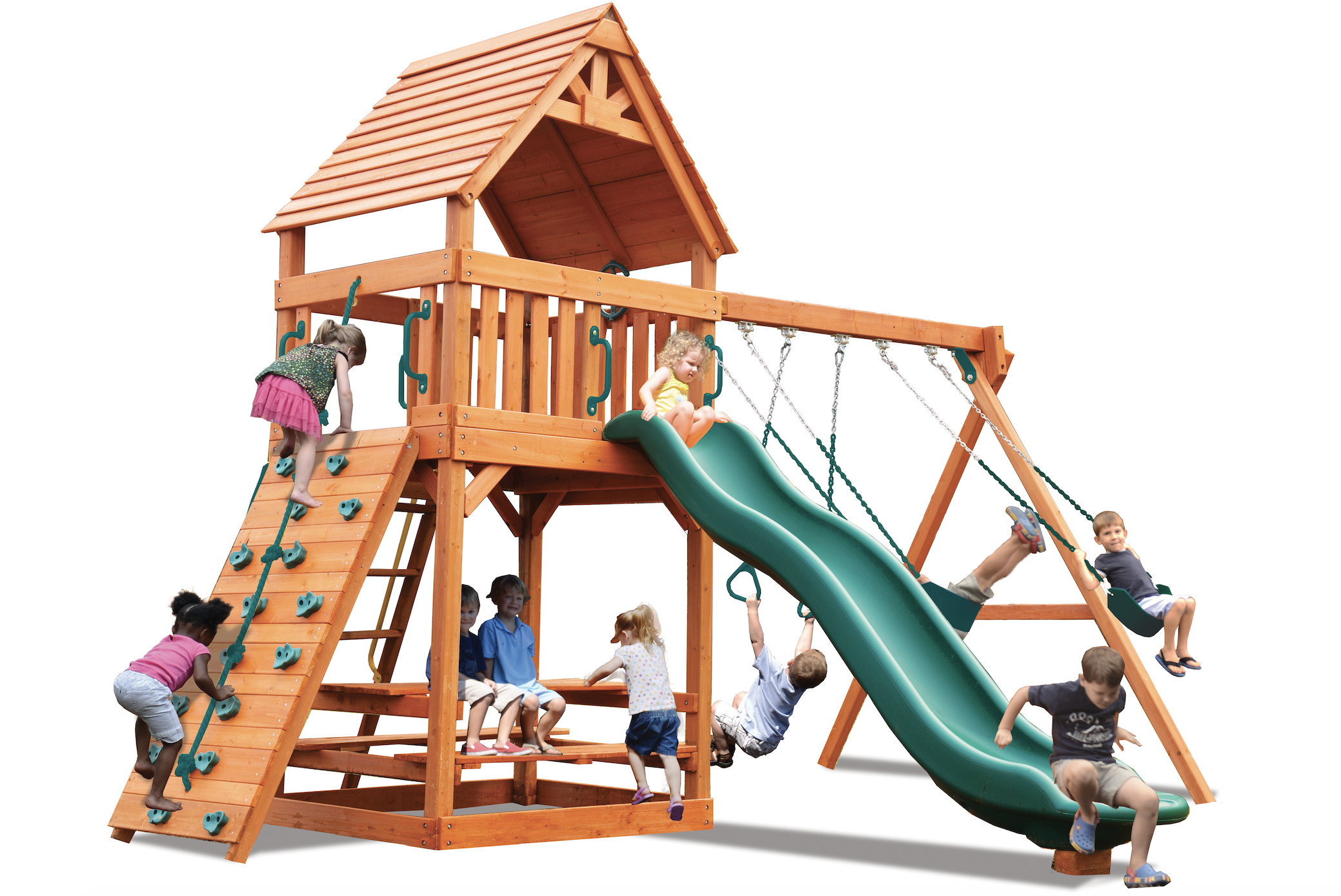 Turbo Original Fort with Wood Roof (17B): Wooden playset with slide, swings, rock wall, and picnic table.