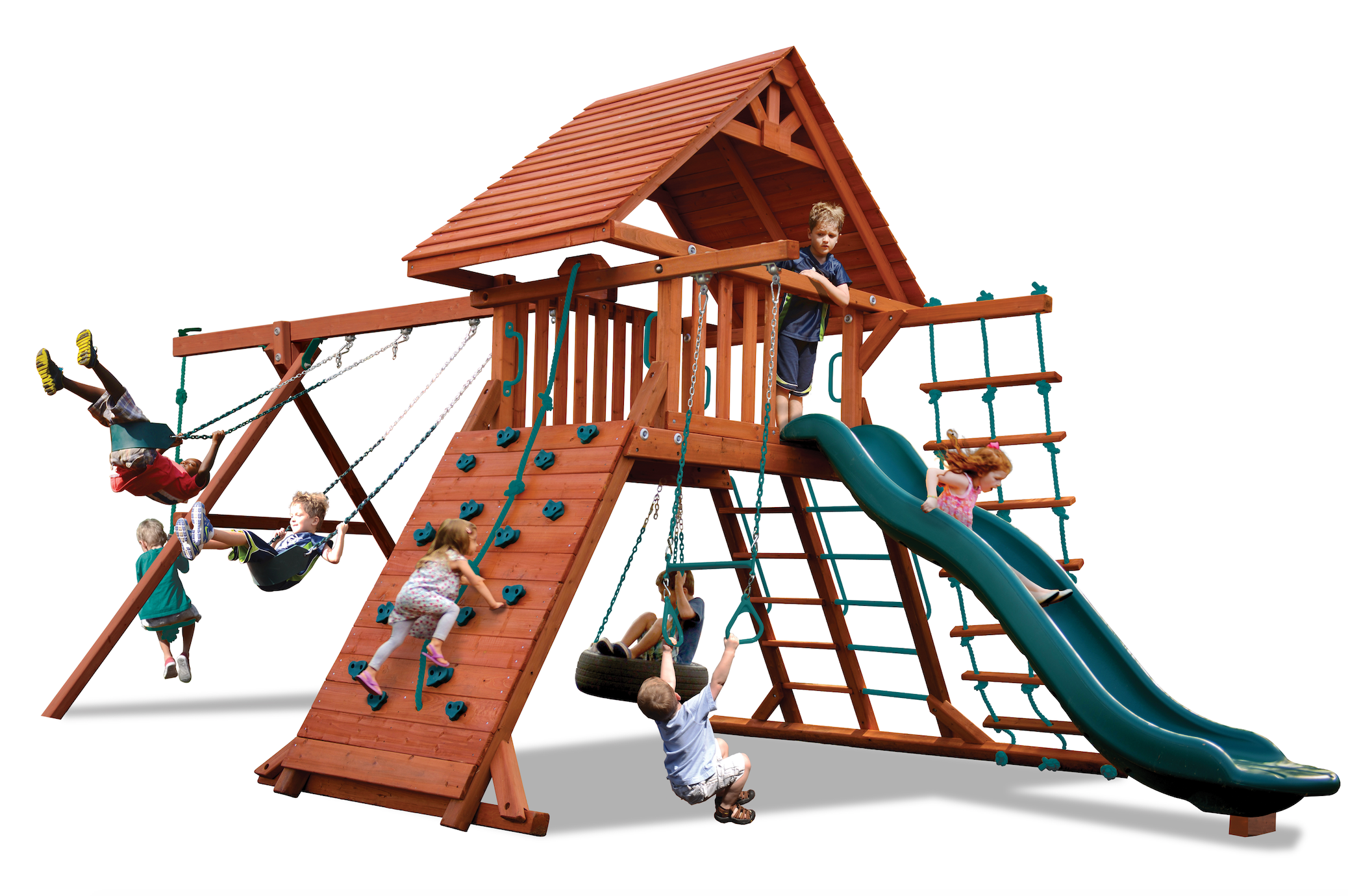 Turbo Original Playcenter with Wood Roof (19B): Wooden playset with swings, slide, rock wall, and rope ladder—perfect for backyard fun!