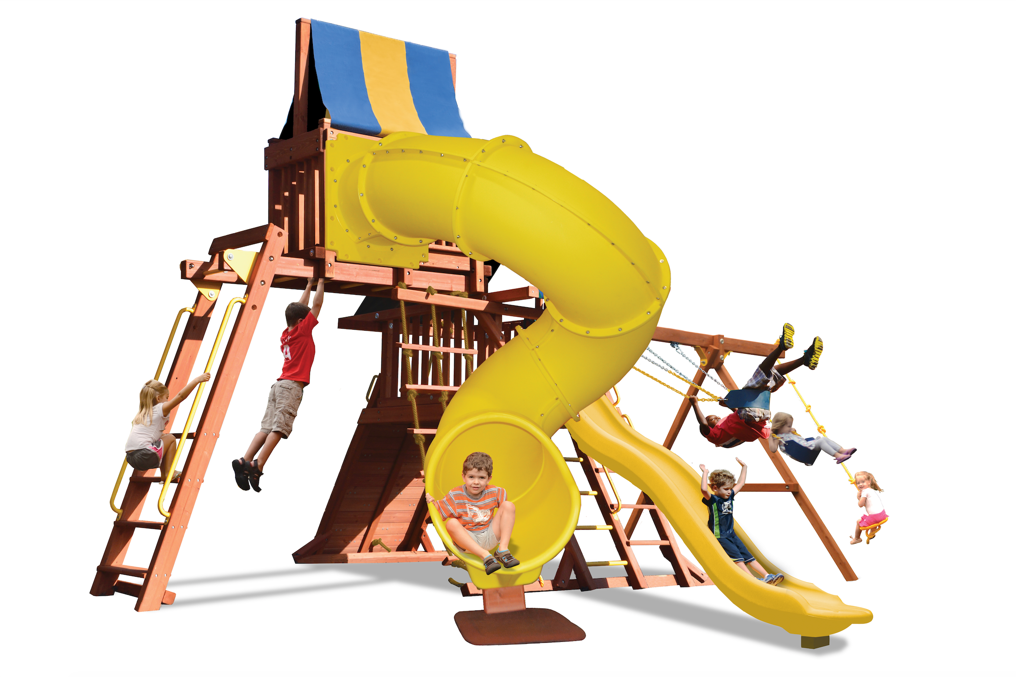 Turbo Original Playcenter Combo 5 (19E): Wooden playset with yellow slides, swings, and climbing ladders for kids.