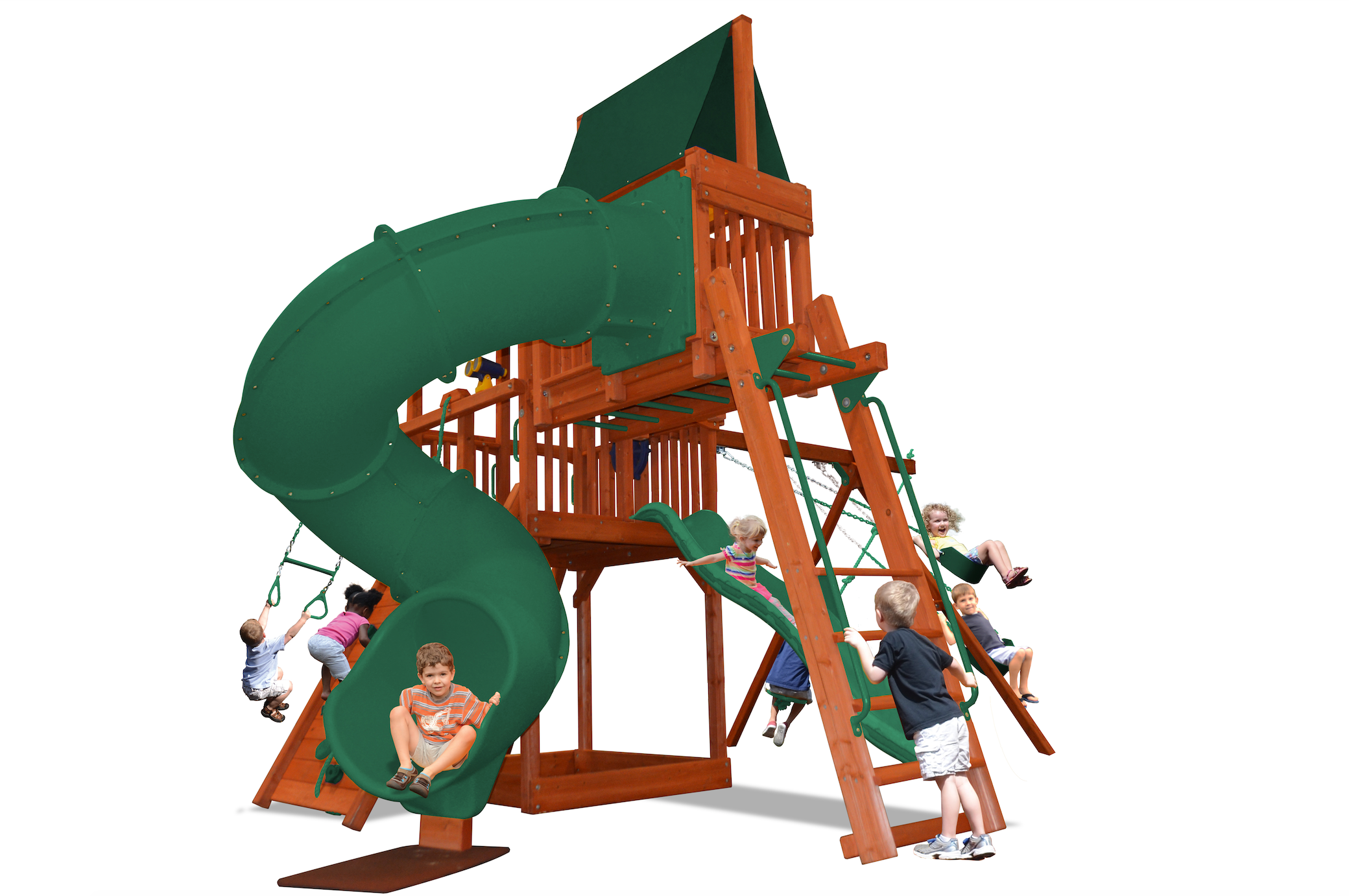 Deluxe Fort Combo 5 (21F) playset:  Cedar wood, green slides, swings, kids playing
