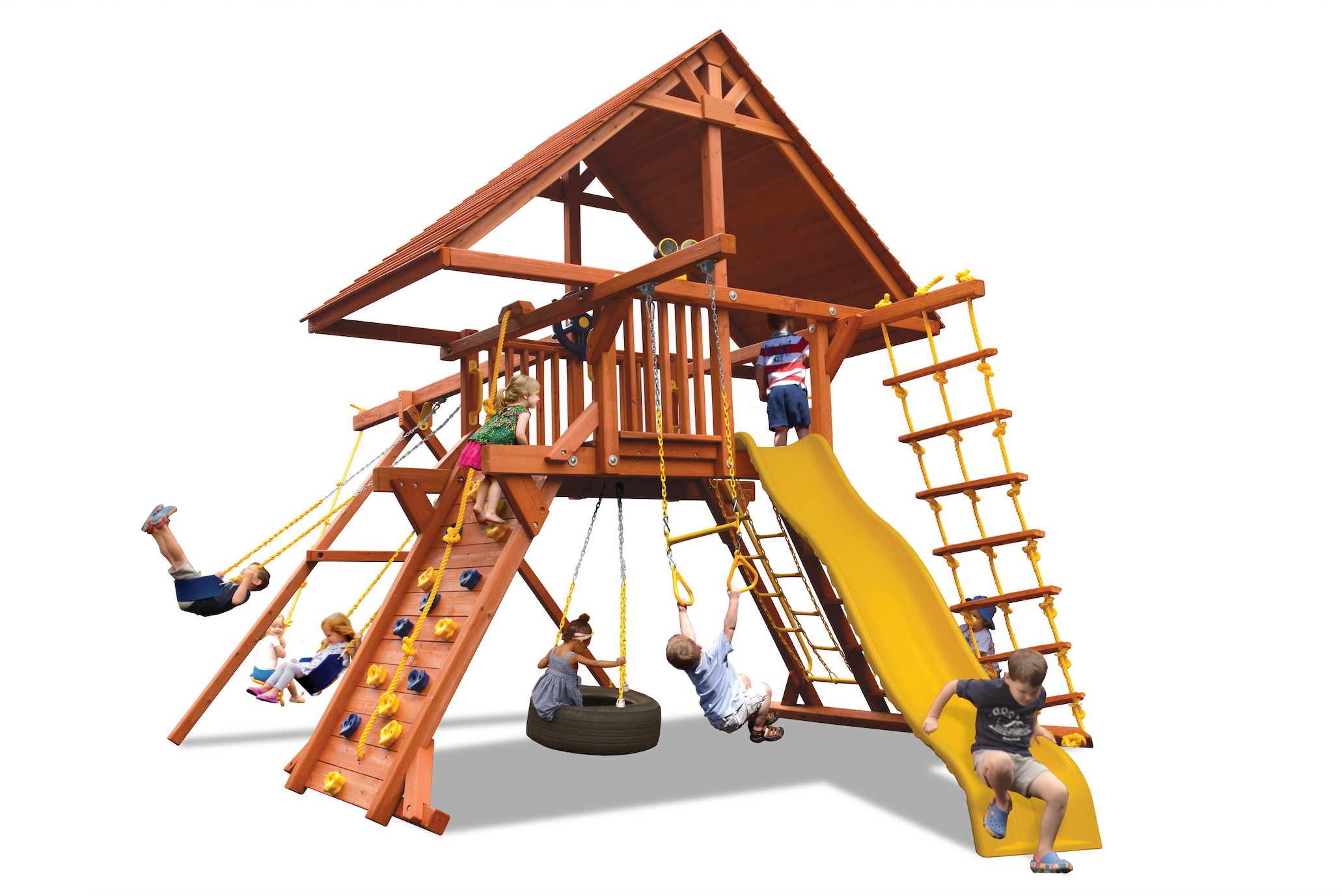 Deluxe Playcenter Combo 23B wooden playset with roof, swings, slide, & climbing wall.