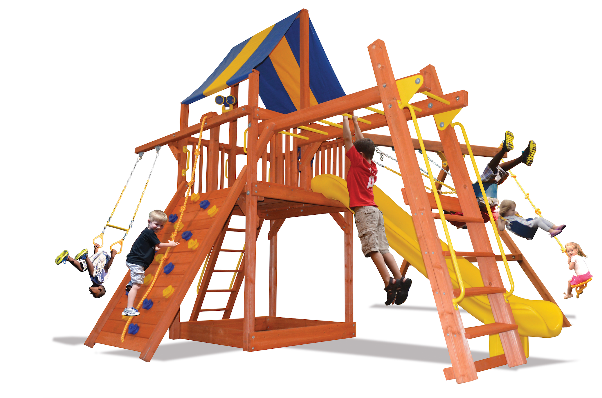 Turbo Deluxe Fort Combo 3 (25A) wooden playset: swings, slide, rock wall, monkey bars.  Kids' outdoor fun!