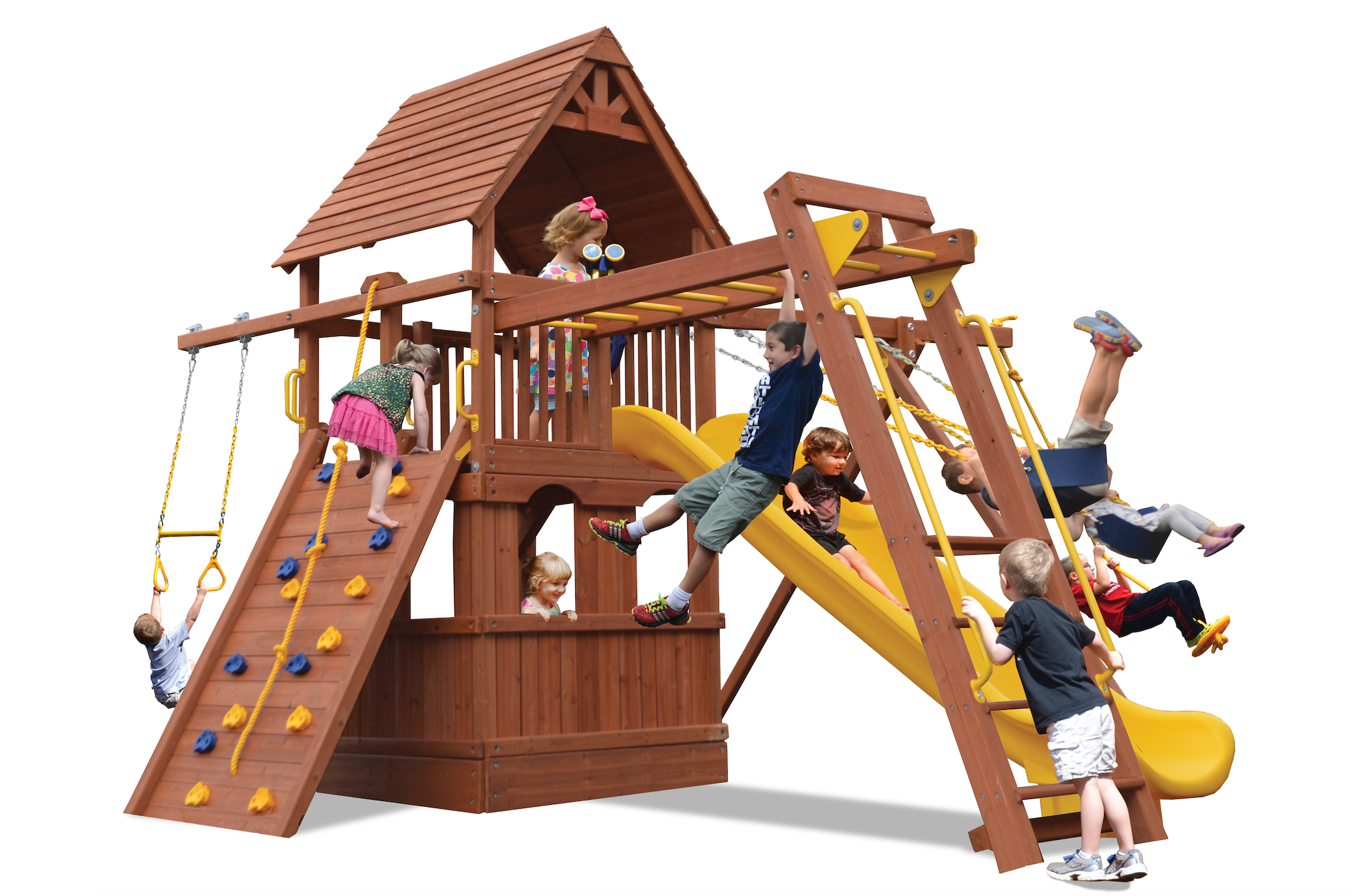 Turbo Deluxe Fort Combo 3 with Playhouse (25C): Wooden playset with slide, swings, rock wall, and monkey bars; perfect for backyard fun.