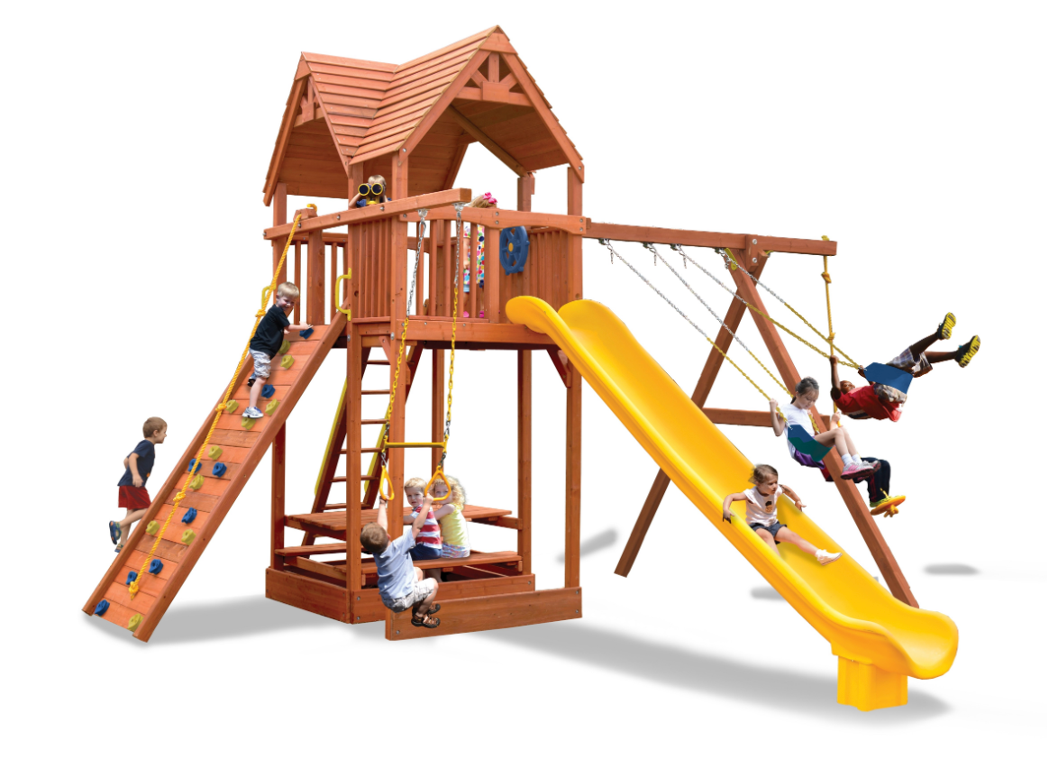 Supreme Fort Combo 2 XL (29C) wooden playset: swings, slide, climbing wall, kids playing.