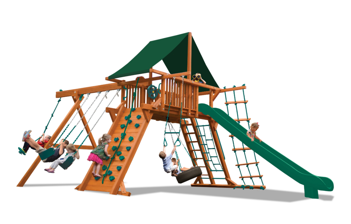 Supreme Playcenter Combo 2 XL (31C): Wooden playset with swings, slide, rock wall, & climbing ladders; green canopy.