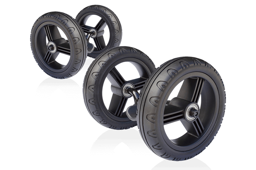Shifting Wheels replacement stroller wheels: durable, black plastic with textured treads.