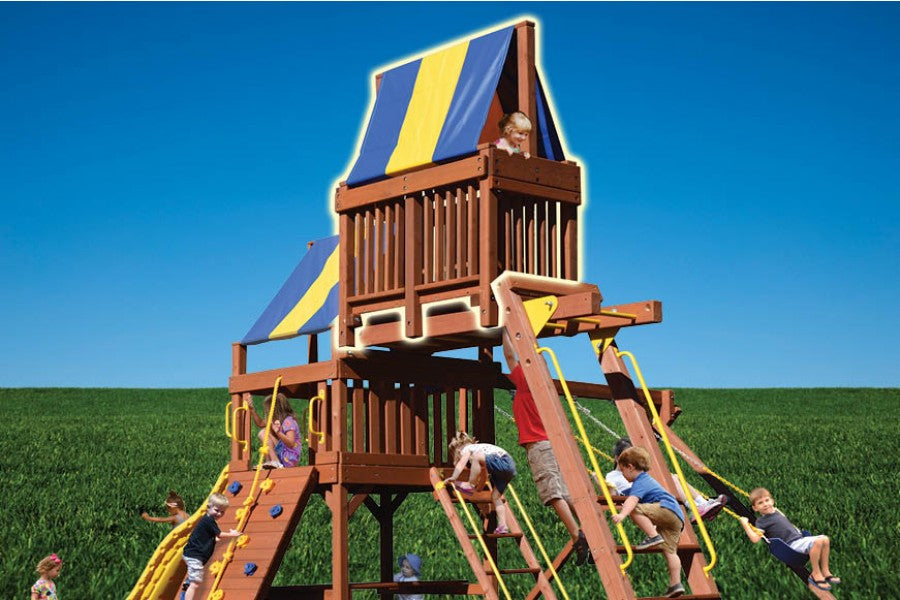 Sky Loft playset: Wooden play structure with canopy, slides, climbing wall, and swings—perfect for backyard fun.