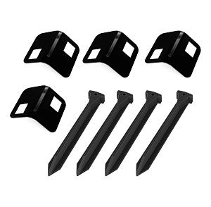 Black ground anchor kit: 4 anchors & 4 stakes for securing outdoor items.