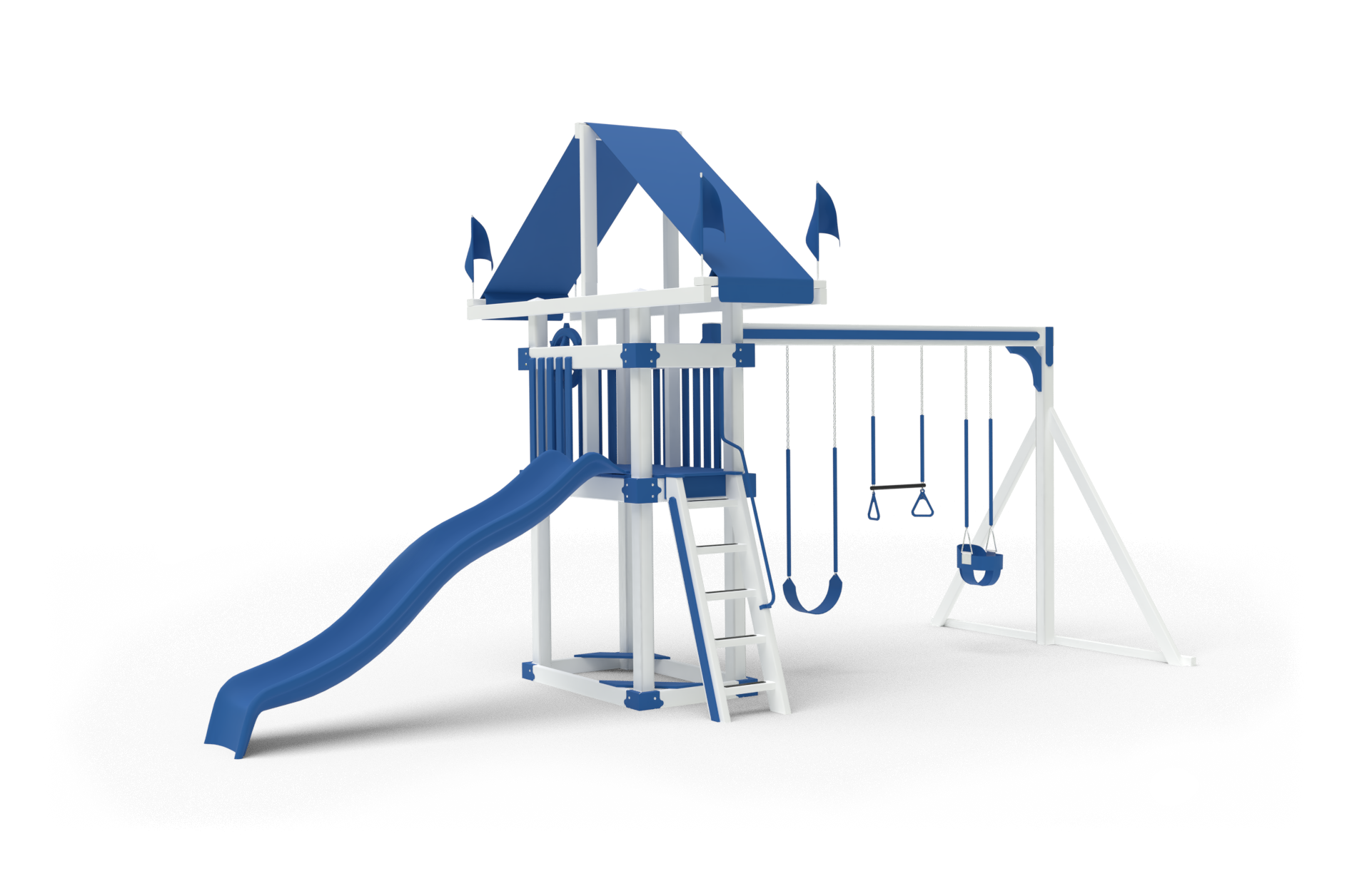 Basecamp 35 playset: Blue & white plastic swing set with slide, ladder, & monkey bars.