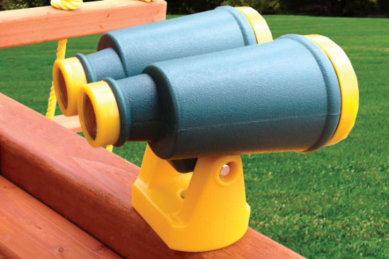 Green & yellow plastic binoculars for kids' playsets, mounted on wood.