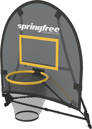 Springfree Trampoline FlexrHoop™:  Black & yellow basketball hoop for kids' active play.