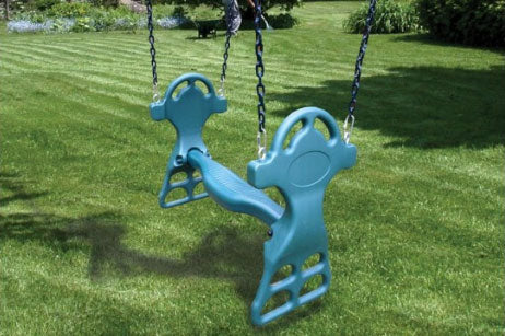Blue plastic glider swing with chains, perfect for backyard fun.