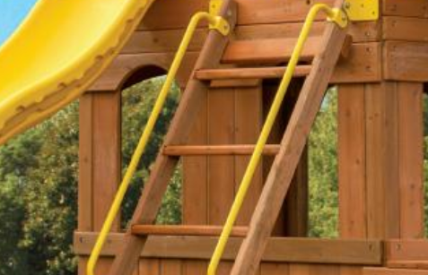62" wooden playground ladder with yellow safety handles for kids.