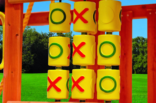 Yellow tic-tac-toe game with red & green X's and O's on wood frame.