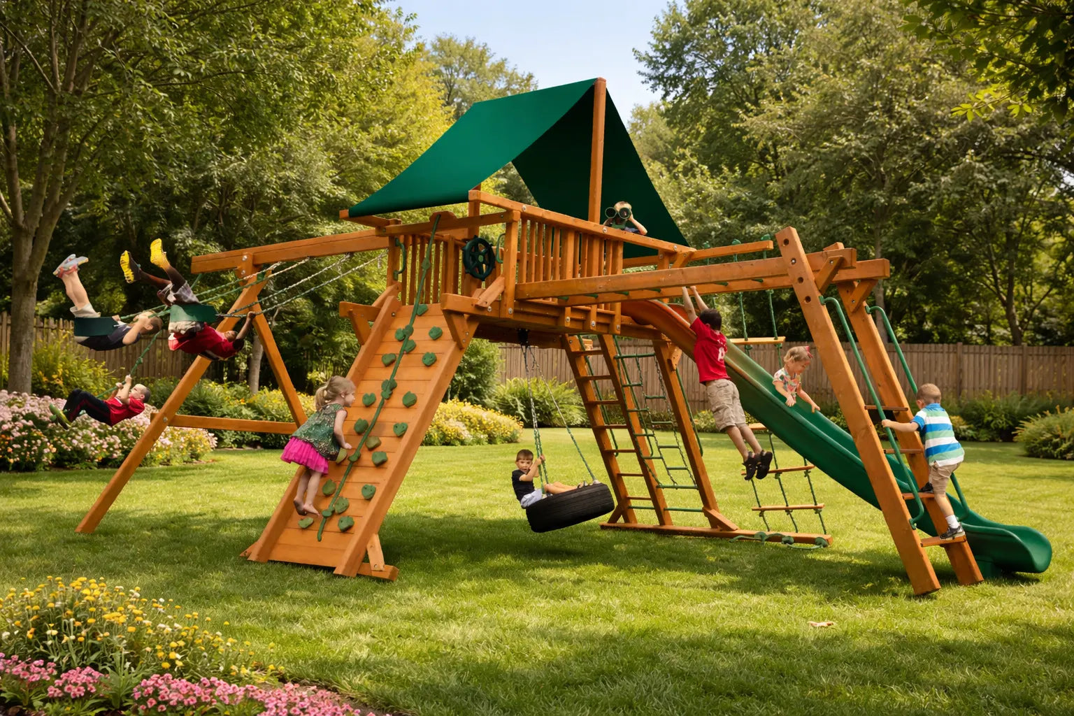 Children swinging, climbing a rock wall, and sliding on a large wooden backyard playset with monkey bars