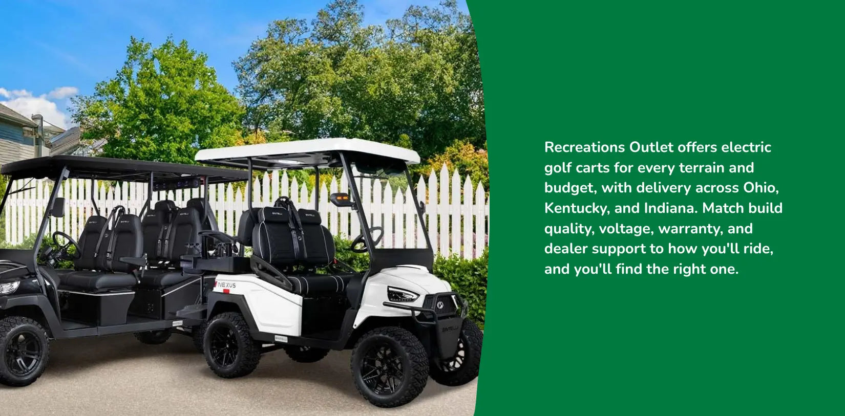 Electric golf carts parked outside a home, available for every terrain and budget