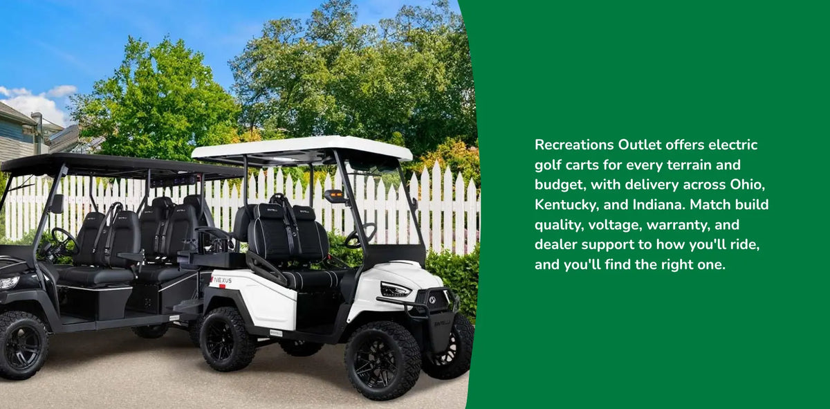 Electric golf carts parked outside a home, available for every terrain and budget