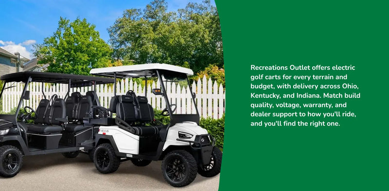 Electric golf carts parked outside a home, available for every terrain and budget