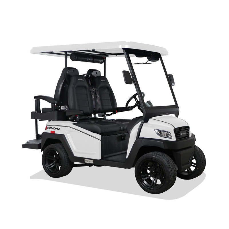 Beyond 4 EV golf cart, white with black seats & wheels, enclosed design
