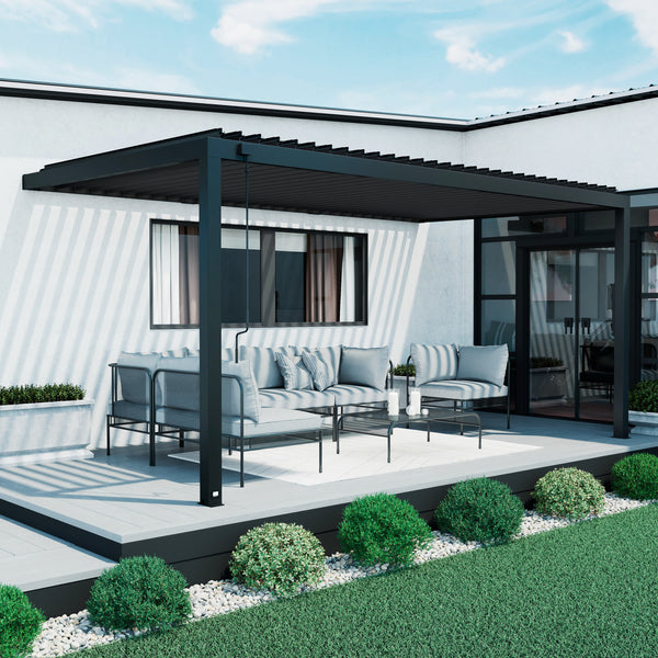 18x10 Pergola | Evanston Wall-Mounted Louvered Steel Pergola